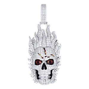 925 Sterling Silver Baguette Rnd 2.61ct Moissanite Enameled Fire Skull Pendant